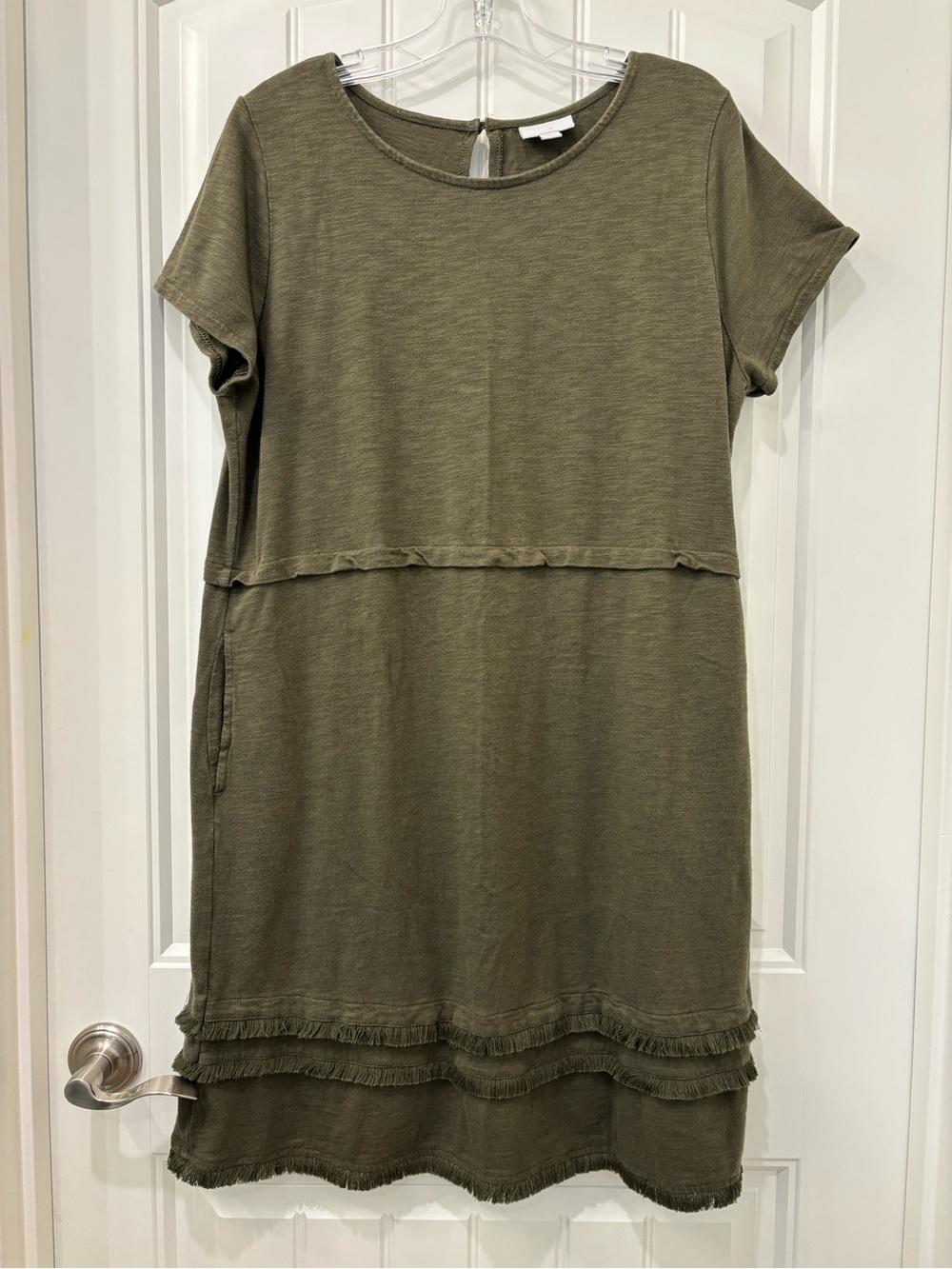 J. Jill Olive Green Fringe T-Shirt Dress w/ Pockets Size L